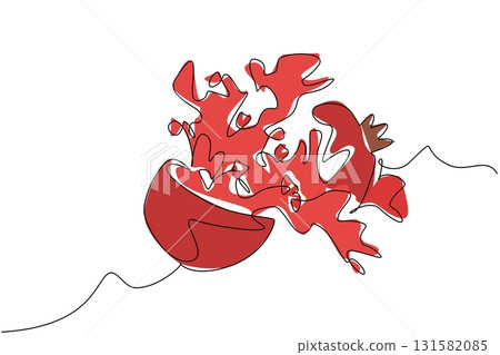 Single one line drawing pomegranate is cut into 2 parts and the bottom part comes out with a splash of juice. Enjoy the sweet fruit juice. Juice Splash. Continuous line design graphic illustration 131582085