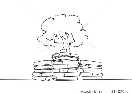 Continuous one line drawing several piles of books and in one of the piles of books there is a big tree. Symbolism of comfortable reading garden. Book Tree. Single line draw design vector illustration 131582092