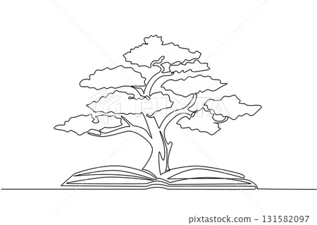 Single continuous line drawing an open book with a large tree in the middle. Caring for plants requires knowledge. Reading makes the calm. The science. Book Tree. One line design vector illustration 131582097