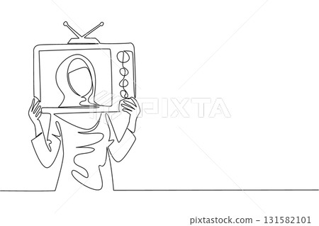 Continuous one line drawing a young beautiful woman wearing a hijab holds an old television made of cardboard. Role play as a presenter. Inside Television. Single line draw design vector illustration 131582101