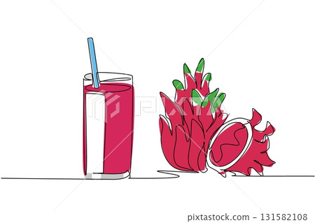 Single one line drawing glass of dragon fruit juice with straw in the glass. The pleasure is equal when juiced or eaten directly. National Juice Slush Day. Continuous line design graphic illustration 131582108