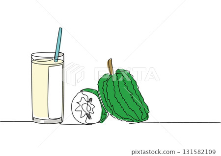 Continuous one line drawing a glass of soursop juice with straw in the glass. Freshness in summer. Cold drinks. Smoothie soursop. National Juice Slush Day. Single line draw design vector illustration 131582109
