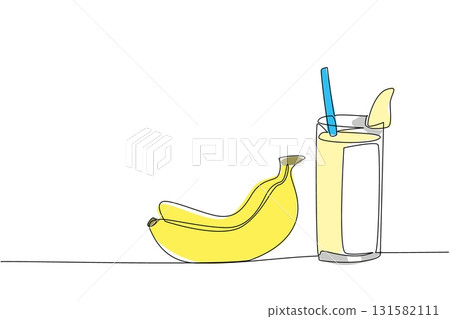 Single one line drawing glass of banana juice with a straw in the glass. Enjoy the deliciousness of fruit in a different way. National Juice Slush Day. Continuous line design graphic illustration Single one line drawing glass of banana juice with a straw in the glass. Enjoy the deliciousness of fruit in a different way. National Juice Slush Day. Continuous line design graphic illustration 131582111