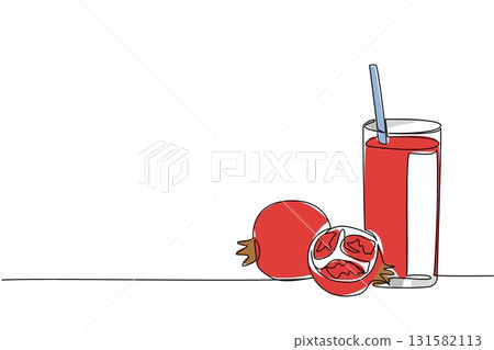 Single continuous line drawing glass of pomegranate juice with a straw in the glass. Delicious. Vitaminized. Contains potassium. Tasty. National Juice Slush Day. One line design vector illustration 131582113