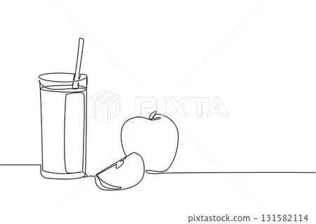 Single one line drawing glass of apple juice with a straw in the glass. Sweet or sour, the deliciousness completes the day. Tasty. National Juice Slush Day. Continuous line design graphic illustration 131582114