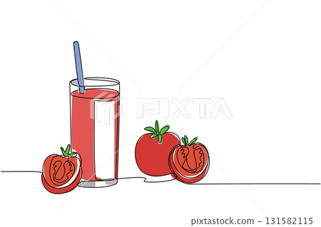 Continuous one line drawing glass of tomato juice with a straw in the glass. Freshness quenches thirst. Delicious. Vitamin rich. National Juice Slush Day. Single line draw design vector illustration 131582115