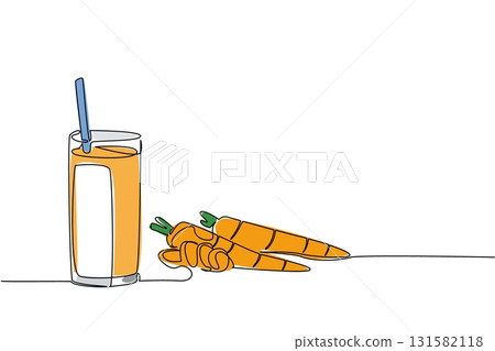 Single continuous line drawing glass of carrot juice with a straw in the glass. Delicious cold juice that is nutritious for the eyes. National Juice Slush Day. One line design vector illustration Single continuous line drawing glass of carrot juice with a straw in the glass. Delicious cold juice that is nutritious for the eyes. National Juice Slush Day. One line design vector illustration 131582118