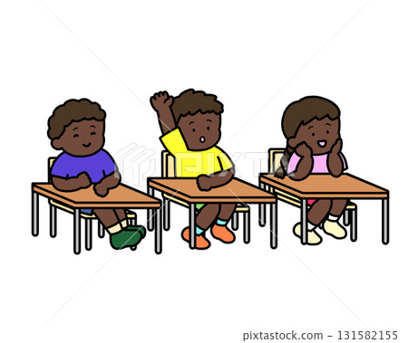 三個黑人孩子正在聽課,舉起手 三個黑人孩子正在聽課,舉起手 131582155