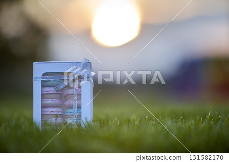 Cardboard gift box with colorful pink blue handmade macaron cookies on green grass blurred background. 131582170