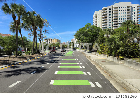 Bicycle lane at city traffic in Sarasota, Florida, promoting cyclist safety and environmentally friendly transportation 131582260