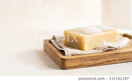 Natural soap photo with bubbles and water droplets 131582397