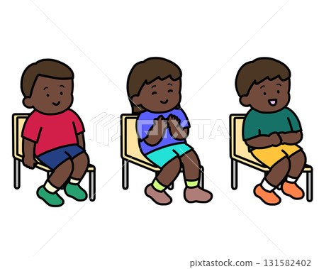 Three black children listening to the class, no hands raised, no desks 131582402