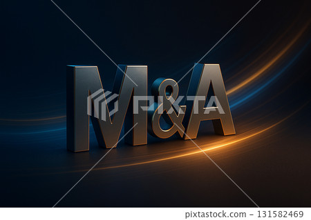 Three-dimensional M&A typography with blue and gold light intersecting | Corporate integration and business strategy concept 131582469