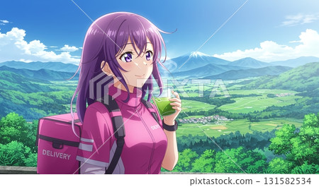 A light van and a female delivery person. An anime-style illustration of a delivery staff member working efficiently. 131582534