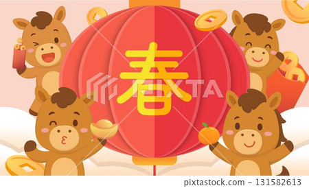 馬角色或卡通人物或吉祥物,紅色大燈籠,中國新年或元宵節 馬角色或卡通人物或吉祥物,紅色大燈籠,中國新年或元宵節 131582613