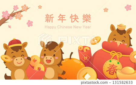 Chinese New Year card of horse character or cartoon person or mascot, gold coins and lucky bag 131582633