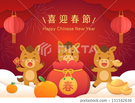 中國新年的橫幅,燈籠與錢袋與馬的吉祥物 中國新年的橫幅,燈籠與錢袋與馬的吉祥物 131582636