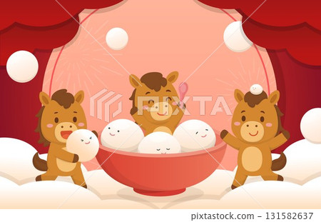 Horse character or cartoon character or mascot with glutinous rice balls, Chinese New Year or Lantern Festival 131582637