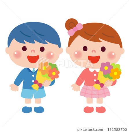 孩子們在告別會上手捧花束 131582700