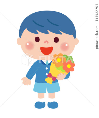 告別派對上手捧花束的男孩 131582701