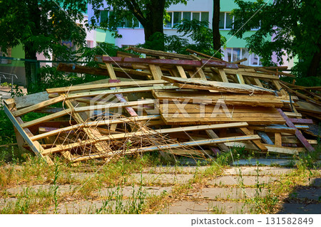 Various wooden waste refuse after renovation,repair Various wooden waste refuse after renovation,repair 131582849