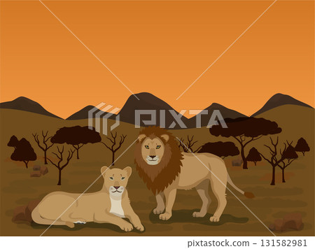 Savanna and lion at dusk 131582981