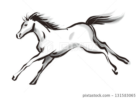 Black and white illustration of a running horse drawn with a brush 131583065