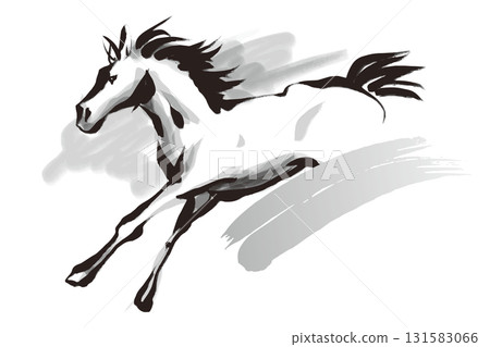 Black and white illustration of a running horse drawn with a brush Black and white illustration of a running horse drawn with a brush 131583066