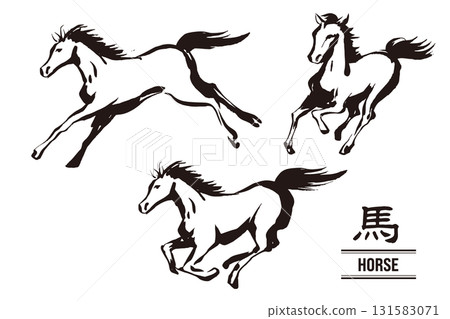 Set of black and white illustrations of a running horse drawn with a brush 131583071