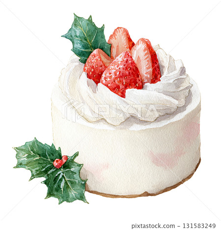 用草莓和冬青裝飾的聖誕蛋糕的水彩插圖（剪紙） 131583249