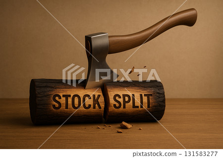用金屬斧頭劈開燒焦的木頭的股票分割概念 | 企業重組和投資策略的象徵 131583277
