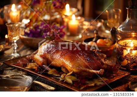Holiday Table with Goose and Seasonal Decorations 131583334