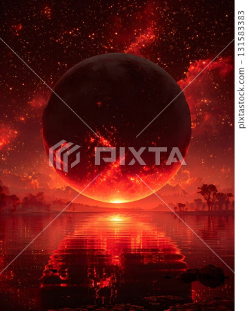 Dark Planet Surrounded by Red Cosmic Clouds and Stars 131583383