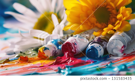 Creative Explosion of Paint Morphing into Floral Shapes. Surreal Art Scene 131583435