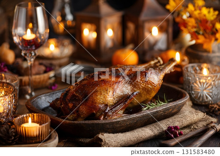 Festive Dinner with Roast Goose and Fall Decor 131583480