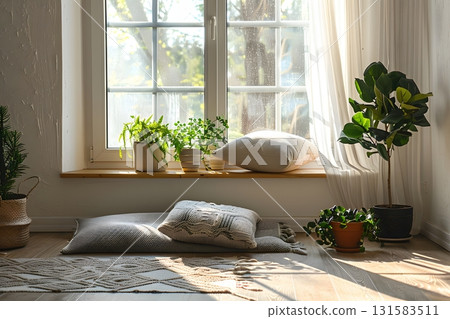 Peaceful Meditation Space at Home with Plants and Mat Peaceful Meditation Space at Home with Plants and Mat 131583511