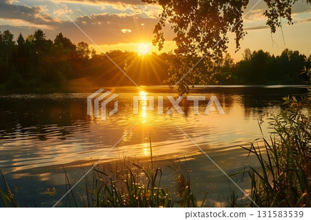 Peaceful Evening Sky Over Water. Sun Reflection on Tranquil Lake 131583539
