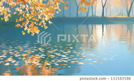 Autumn leaves scattered on the river surface Autumn leaves scattered on the river surface 131583586