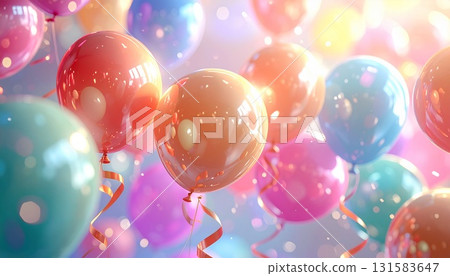 飄浮的氣球和彩帶營造出柔和、閃亮的節慶背景 飄浮的氣球和彩帶營造出柔和、閃亮的節慶背景 131583647