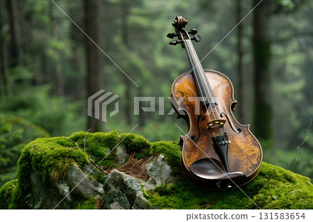 Classical Violin Resting on Forest Rock. Nature and Music 131583654