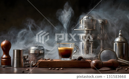 Gourmet Espresso Scene with Steam and Bean Texture for Beverage Marketing and Social Media Gourmet Espresso Scene with Steam and Bean Texture for Beverage Marketing and Social Media 131583668