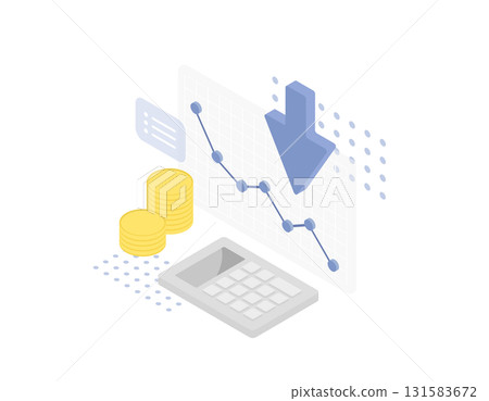 Isometric business illustration of a downward line graph with arrow and calculator (cost reduction, declining performance, recession) Isometric business illustration of a downward line graph with arrow and calculator (cost reduction, declining performance, recession) 131583672