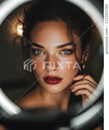 Woman Applying Makeup with Ring Light in Background for Beauty and Lifestyle Editorial Use 131583700