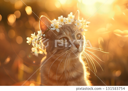 Sunlit Cat Portrait with Flower Crown. Serene Summer Aesthetic 131583754