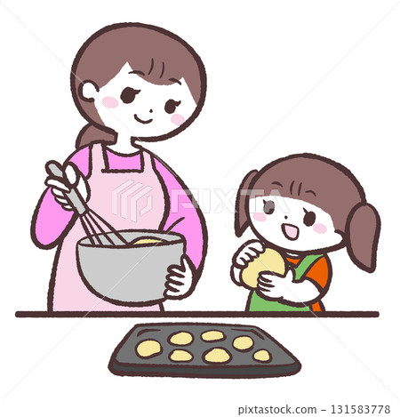 一個女孩和她媽媽製作糖果的插圖 131583778