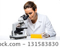 Biologist Using Microscope with Specimen Tray - Studio Portrait on White 131583830
