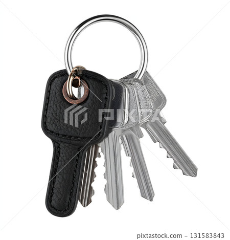 Minimalist Composition Featuring Metal Keys and Keychain on Clean Surface 131583843