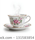 Teacup with Steam and Saucer Isolated on White Background for Wellness and Lifestyle Use 131583854