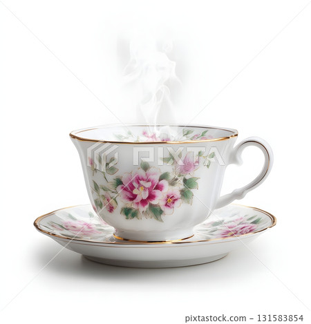 Teacup with Steam and Saucer Isolated on White Background for Wellness and Lifestyle Use 131583854