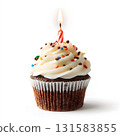 Birthday Cupcake with Candle on White Background for Editorial and Commercial Use 131583855